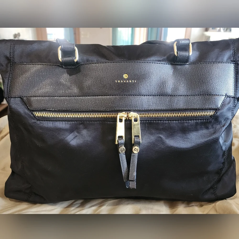 Travanti Black Large Laptop Bag with Gold Accents and Red Interior